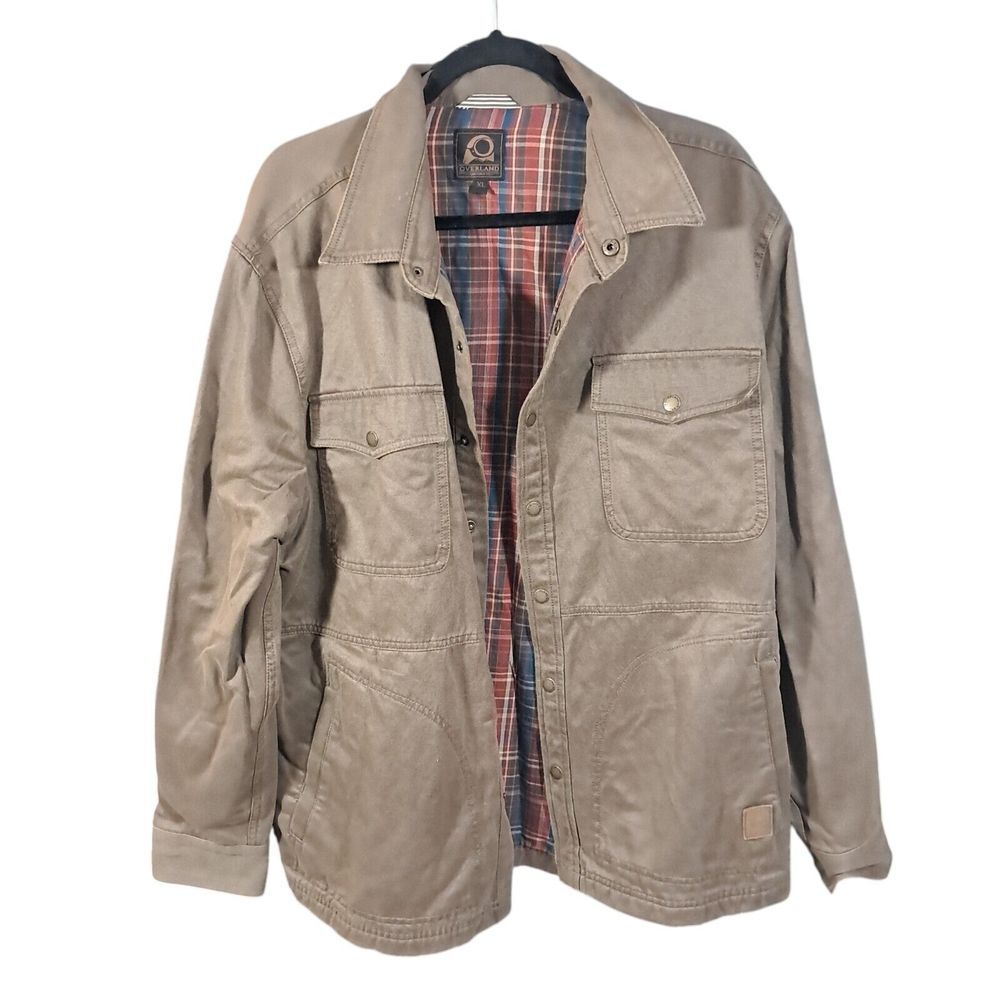 Overland Westin Coated Shacket Jacket Snap Pockets Beige Cotton Flannel Lining